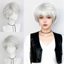 Perruque avec frange droite courte et volumineuse, perruque de cosplay unisexe pour anime, disponible en plusieurs couleurs, perruque avec frange en fibre synthétique résistante à la chaleur, apparence naturelle, haute densité, sans colle nécessaire, confortable à porter, fabriquée en fibre résistante à la chaleur, pour le quotidien, les vacances, les fêtes de Noël, les accessoires de scène, cadeau idéal - Multicolore - Voir 41