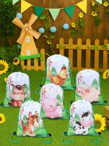 6pcs Farm Animal Drawstring Bundle Pocket, With Cow Sheep Chicken Pig Animal Double-Sided Design, Farm Animal Theme Birthday Party Gift Packaging Supplies Gift Bag, Durable Reusable Bags For Farm Animal Birthday Party Table Decoration Outgoing Backpack, Snack Storage Bag,Birthday Party Decoration, Party Favor