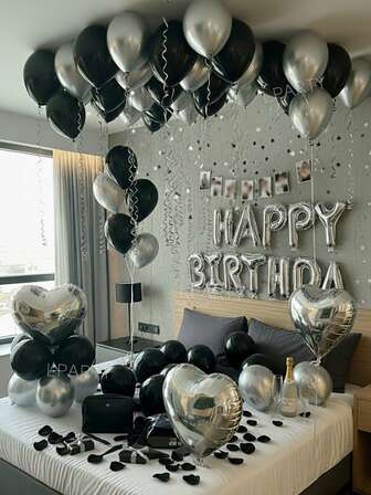 46 个/套银色和黑色装饰气球，16 英寸银色“生日快乐”字母横幅铝箔气球，18 英寸银色心形气球，10 英寸黑色和金属乳胶气球，非常适合男士/男朋友生日派对，也适合酷女孩生日、成熟成人派对、简约优雅家居生日装饰