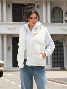 女士羽绒背心，纯色梭织面料，带抽绳，适合冬季日常穿着 - 白色 - 查看 15