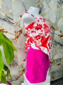 One Size Shirt Set With Tie At The Back And Print, Shorts With Zipper And No Pocket - Red and White - View 2