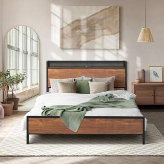 SUN YEE Metal Bed Frame Double Size Storage Headboard