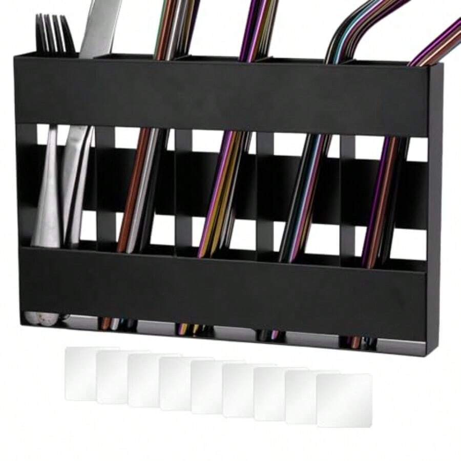 Straw Holder MetalAdhesive Straw Holder For Cabinet Drinking Straw Dispenser Holder Container Metal Straw Container Utensil Crocks Flatware Organizers Kitchen Gadgets Inside Cabinet Door Rack - Multicolor - Ver 1