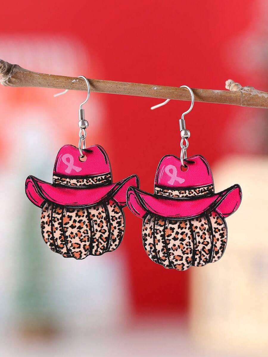 1 Pair Vintage Pumpkin & Leopard Print Wooden Double-Sided Pendant Earrings, Suitable For Autumn, Thanksgiving, Breast Cancer Awareness, Harvest Festival, Thanksgiving Party, Gift