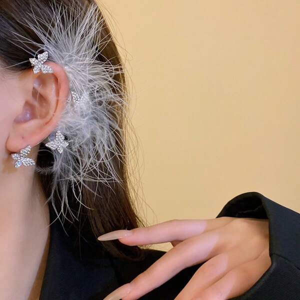 1 Peça Brinco Ear Cuff com Strass e Pérola Falsa em Formato de Borboleta e Pena, Adequado para Uso Diário, Encontros e Festas