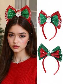1pc/2pcs Women's Christmas Headband With Glittery Double Bow, Santa Claus & Christmas Tree Design, Suitable For Party, Christmas, Holiday Decoration ,Beauty ,Hair Band ,Diadema ,Hair Hoop