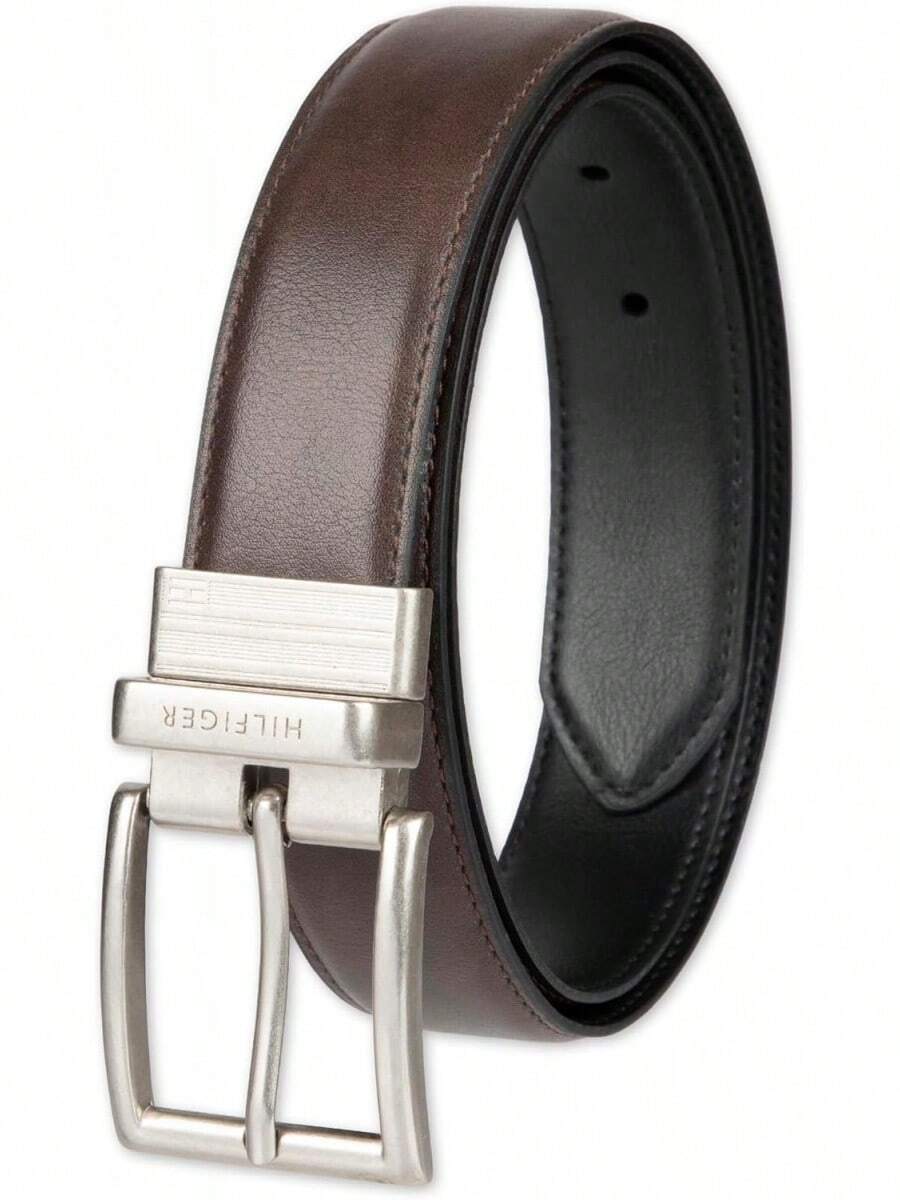 Cinturón reversible para hombre y alto con hebilla de níquel pulido - Coñac/Negro - Ver 1