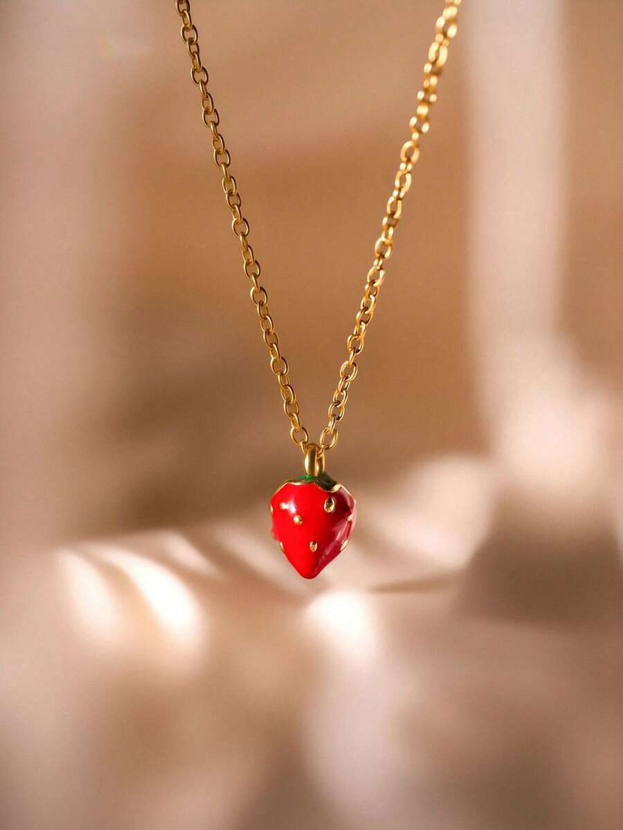 1 buc colier drăguț din oțel inoxidabil 3D cu pandantiv de căpșuni, potrivit pentru femei de zi cu zi și pentru plajă