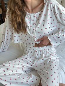 Nina Bonheur 两件套女士四季通用碎花印花修身长袖上衣和长裤睡衣套装，可爱家居服，秋冬服装 - 米色 - 查看 7