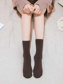 1 双纯色毛绒内衬中筒袜，简约保暖男女通用雪地筒袜，适合秋冬季，女士长袜和袜子，秋季 - 彩色 - 查看 7