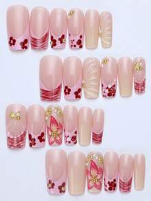 24片法式方形假指甲，3D花朵按压式指甲，水滴贝壳条纹可佩戴指甲，日常、通勤、约会、情人节、周年纪念日美甲用品（附赠果冻胶和指甲锉） - 彩色 - 查看 7