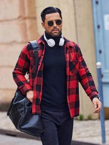 Red Classic Plaid Fashion Men's Long Sleeve Shirt: Button-Up, Pocket - Durable Retro Style For Spring/Summer Top - Red - View 5