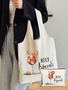 Holy Aperoli Cocktail Canvas Tote & Cosmetic Pouch –No‑Closure Shoulder Shopper With Wine Glass & Aperol Cocktail Print, Hand‑Washable, Large‑Capacity Multi‑Pocket Beach, Grocery & Travel Bag, Versatile Daily Carryall & Beauty Organizer For Women, Back To School,Teens, Shoppers, Party‑Goers & Gift Giving - Multicolor - View 2