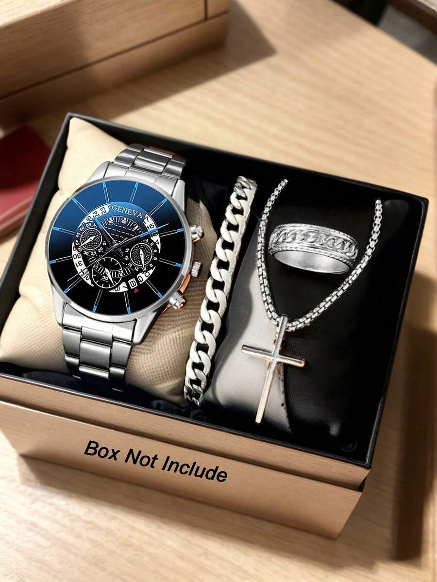 4-Piece Stylish Business Casual Men's Watch Set, Including A Stainless Steel Quartz Movement Watch, A Cross Necklace, A Bracelet And A Ring - Business Casual Style - The Perfect Gift For Him, Birthday Gift, Graduation Gift