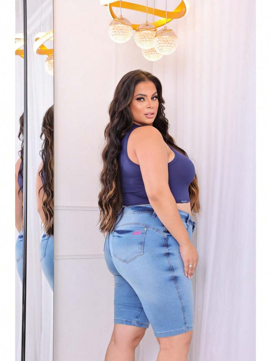 Women's Plus Size Bermuda Jeans High Waist With Lycra Shorts Mr Jeans - Azul Claro - 查看 1