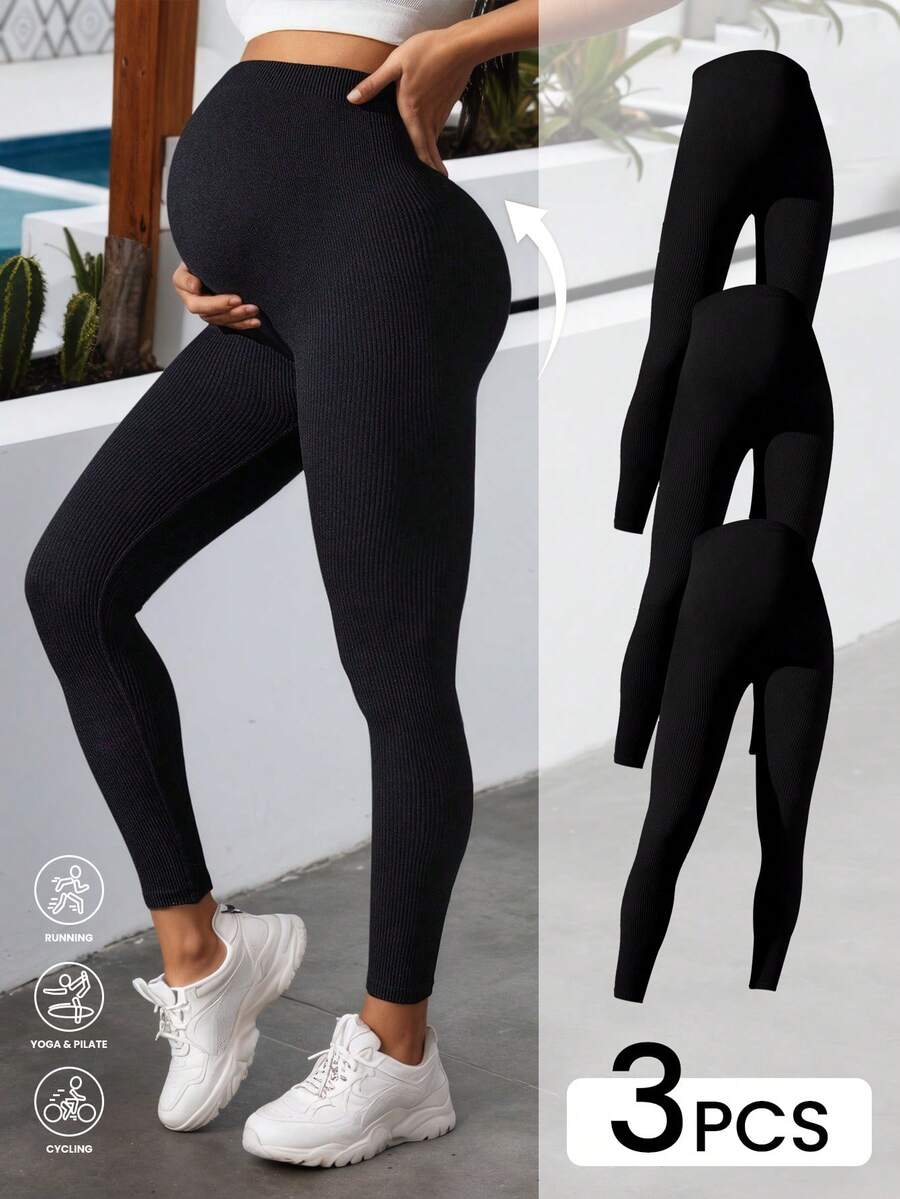 3 Pieces Set Of Women's Solid Color High Waist Stretch Daily Casual Maternity Pants, Women's Clothing, Women's Maternity Pants - Black - View 1
