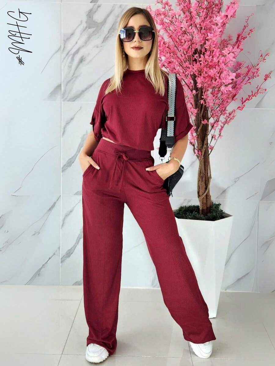 Camiseta de cuello redondo y mangas estilo murciélago y pantalones con cordón en la cintura, ideal para otoño - verano- invierno, comodo, tiro alto, bonito, comodo, casual, informal, oficina, calle, regalo,