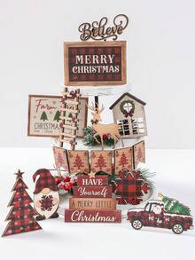 16 pezzi Set di vassoi a più livelli per decorazioni natalizie, set di decorazioni in legno appese con motivi di camion, renne, fiocchi di neve, alberi di Natale, decorazioni natalizie rustiche, centrotavola, decorazioni natalizie allegre, decorazioni natalizie per la casa - Multicolore - Visualizzare 2