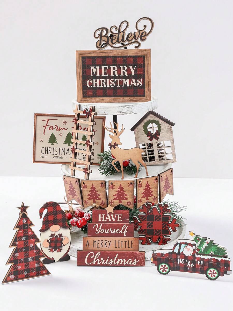 16 pezzi Set di vassoi a più livelli per decorazioni natalizie, set di decorazioni in legno appese con motivi di camion, renne, fiocchi di neve, alberi di Natale, decorazioni natalizie rustiche, centrotavola, decorazioni natalizie allegre, decorazioni natalizie per la casa