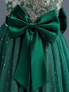 Girls Sequin Embroidered Bodice Tulle Ball Gown Dress With Glitter Skirt Short Sleeves And Big Bow Back Princess Flower Girl Dress For Wedding Birthday Pageant Formal Occasion - 墨綠色 - 查看 6
