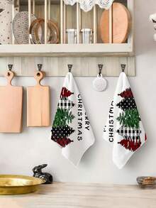 2 buc. Prosoape de bucătărie cu model brad de Crăciun, prosoape de baie moi și absorbante, în carouri vintage, potrivite pentru decor de sărbători, cadouri de Anul Nou, decorațiuni interioare
