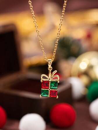 1pc Fashionable & Versatile Christmas Gift Box Pendant Necklace, Suitable For Parties And Christmas Decoration, Christmas Gift For Family And Girlfriend