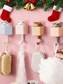 2 Pieces, Unisex Style, Cute Cartoon Cat Design, Waterproof Seamless Design, ABS Material, Multifunctional Wall Hooks, Japanese Cute Style, Decorative Hooks, Suitable For Bedroom/Living Room/Bathroom Decoration, Christmas And Halloween Decoration, Holiday Promotion, Room Decor, Christmas Gifts - 彩色 - 查看 8