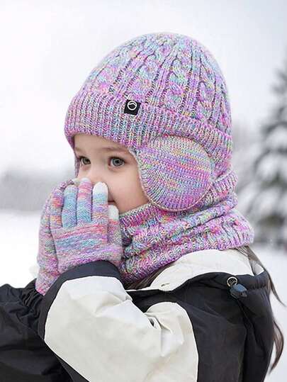 3 件套儿童冬季保暖 3 件套，包括贝雷帽、耳罩和围巾，针织帽，适合男孩和女孩户外使用