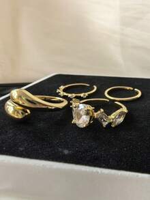 5pcs Minimalist Luxury Fashion Elegant Unique Personalized French Classic Daily Party Copper Micro-Inlaid Cubic Zirconia Versatile Women's Ring Set (No Gift Box)