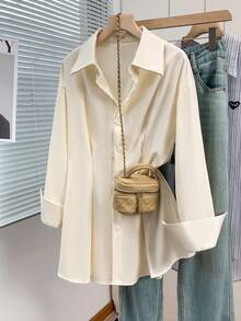 Women's Pleated Waist Shirt, Solid Color Button-Down Blouse With Notch Lapel And Front Buttons, Slim Fit Office & Lounge Top For Fall Winter Spring