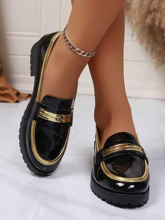 新款女士休闲撞色黑金复古英伦风厚底玛丽珍乐福鞋，舒适一脚蹬个性化平底鞋