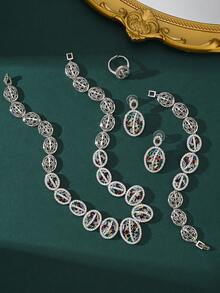 Bộ trang sức Dubai Ả Rập Saudi 4 món, Vòng cổ nhiều lớp đính đá Cubic Zirconia trắng khảm đồng, Bộ trang sức dự tiệc/hẹn hò/quà tặng dành cho nữ, Phong cách Trung Đông và Châu Âu - vàng - Xem 5