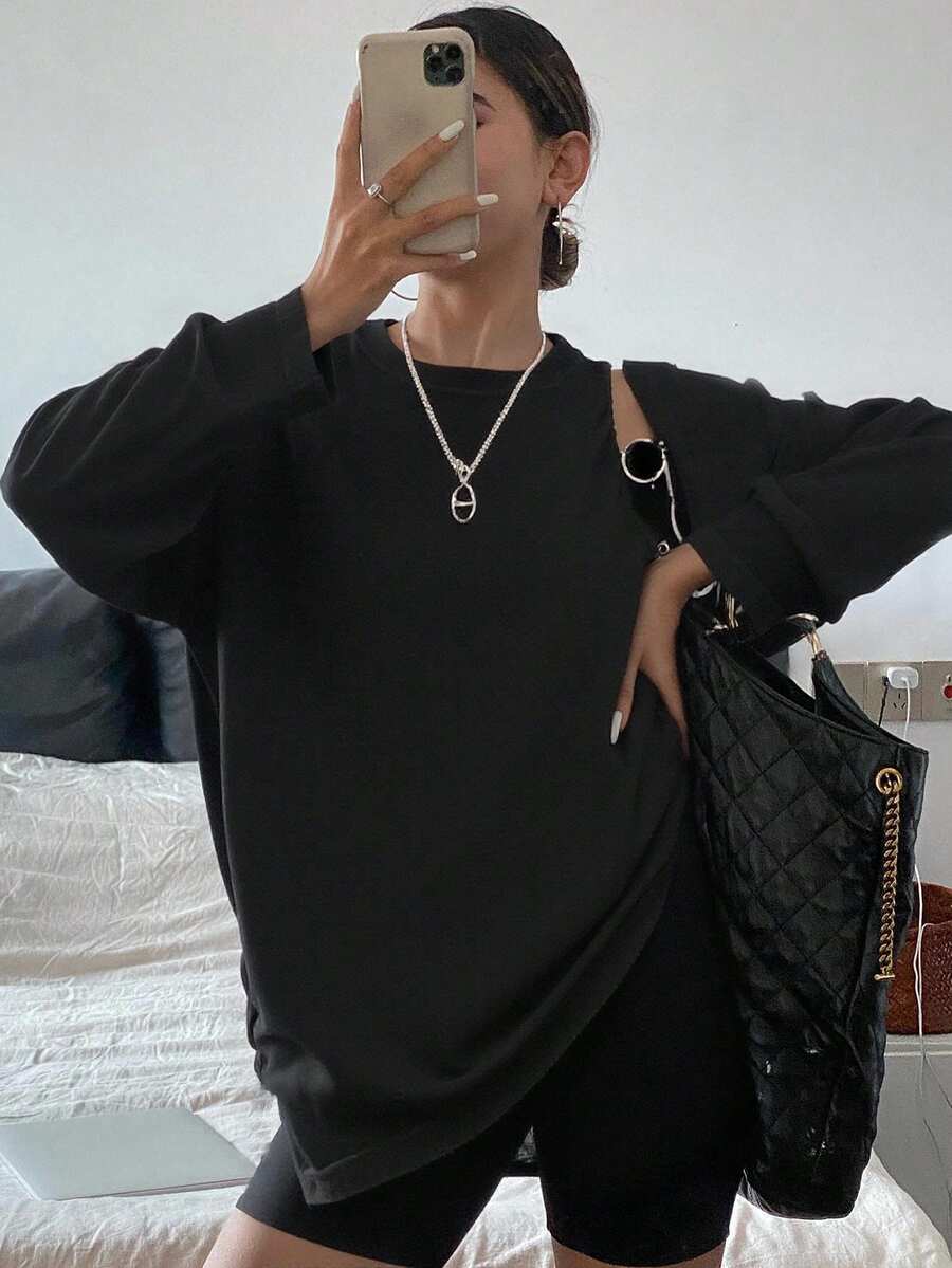 Livesso Split Hem Drop Shoulder Tee,Fall Clothes Preppy Tops Long Sleeve Women Tops - Black - View 1