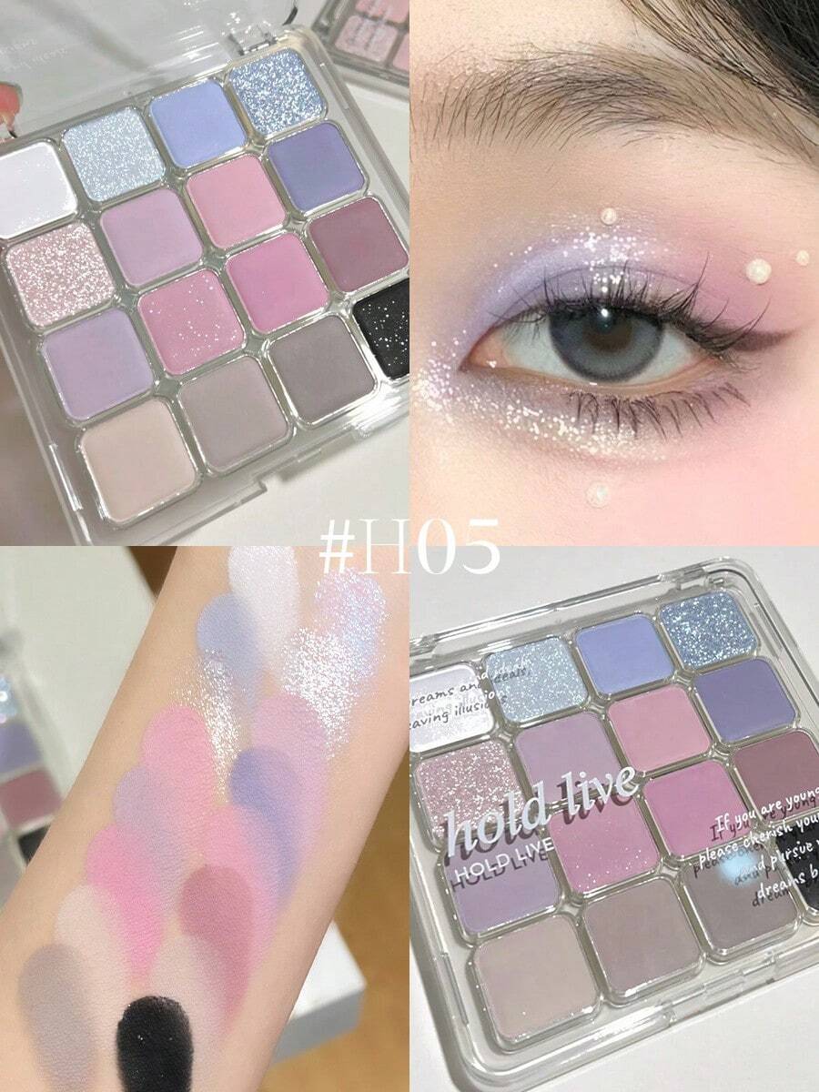 HOLD LIVE Palet Eyeshadow 16 Warna, Tekstur Matte, Shimmer, dan Glitter, Termasuk Blush dan Eyeshadow Biru