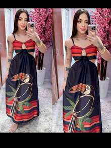 Tropical Toucan Print Long Dress With Thin Straps And Front Cutout - 黑色 - 查看 3