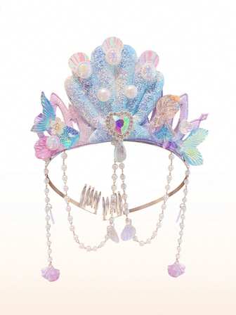 1 件女孩美人鱼公主皇冠头带，儿童表演服装头饰，小女孩发饰，额链，舞蹈发饰