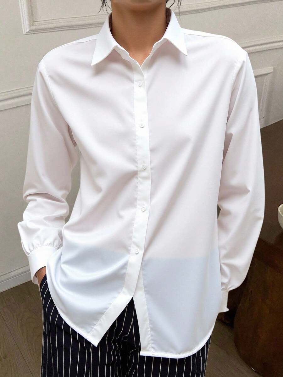 Livesso Solid Hidden Button Front Shirt,Ladies Casual Button Long Sleeve Collar Regular Fit Regular White Regular Sleeve Shirt Women Blouses,Spring/Fall ,Professional/Business Attire/Workwear,Long Sleeve Tops,Back To School Clothes - White - View 1