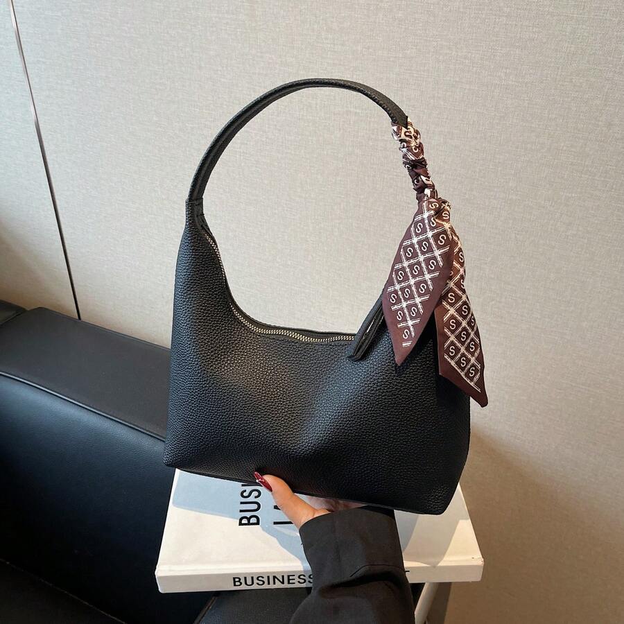 Women's Leather Shoulder Bag - Small Clutch Hobo Bag With Zipper Closure, Minimalist Underarm Crossbody Purse, Soft Leather Evening Handbag, Casual Daily Shoulder Bag For Women + Silk Scarf Gift - 黑色 - 查看 1
