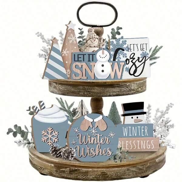 Rustic Winter Snowflake Decor Set - Gray Wooden Tiered Tray With Hot Cocoa Sign And Snowman Statue, Suitable For Christmas Table, Shelf, Fireplace Mantel Decor