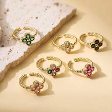 1pc Stainless Steel 18K Plated Diamond Inlaid Small Flower Open Ring, Fashionable French Style/Suitable For Party, Dating, Office Wear