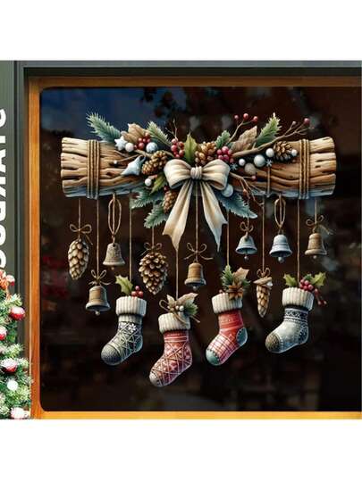 1 st julfönsterklistermärke; statisk klistermärke med julstrumpklocka; fönsterdekoration för köpcentrum och hem; juldekal i glas; heminredning juldekorationer rumsdekoration juldekorationer hem