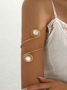 1 件高端镂空镶嵌仿白宝石手镯，时尚欧美小众圆形配饰，复古螺旋仿宝石开口可调节袖口，适合女性日常、度假、派对穿着