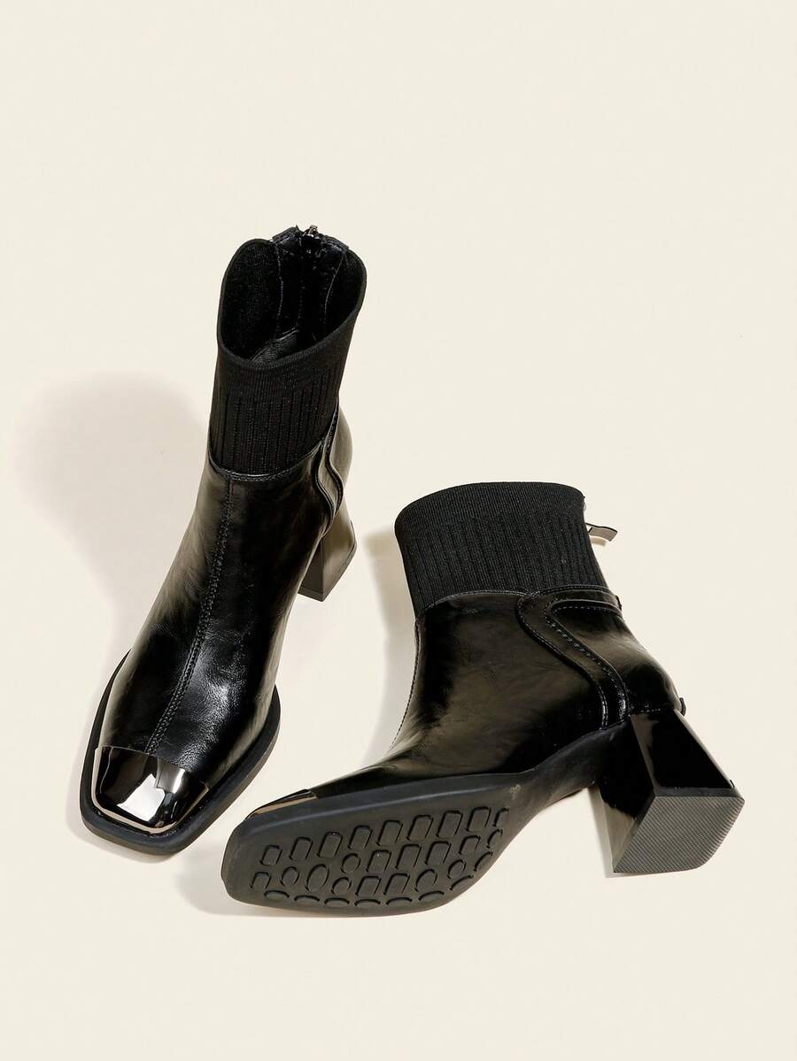 Fall/Winter Women's Black Ankle Boots And Short Boots, Chunky 6cm High Heel Block Heel Iron Head Short Boots With Back Zipper Patchwork