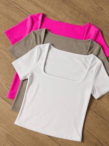 Square Suplex Cropped Top With Casual Lining For Women, Kit With 3 - 粉紅色/灰色/白色 - 查看 1