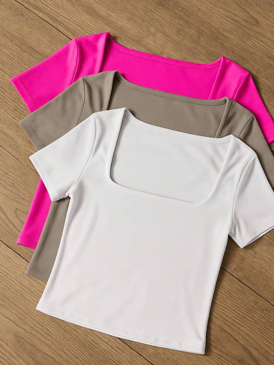 Square Suplex Cropped Top With Casual Lining For Women, Kit With 3 - 粉紅色/灰色/白色 - 查看 1