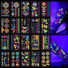 Sheet brillan en la oscuridad tatuajes temporales Styles Aldult Fluorescencia UV Neón Cuerpo Cara Falso Impermeable Tatuaje Pegatinas para Mujeres Hombres,Rave Festival Accesorio Fiesta Suministros - 10 Hojas Fiesta de la Música - Ver 9