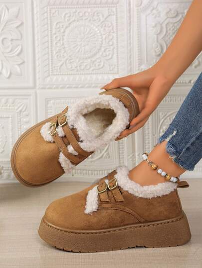 بوت ثلج قصير سميك الأربطة ذو إبزيم معدني مزدوج موضة شتاء 2025، بطانة حرارية سميكة، مانع للانزلاق ودافئ، أساسي لإطلالات الشتاء، بوت فرو