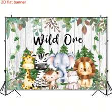 Banner plano 2D 1 peça Wild One Birthday Background Caça Selva Animais Homens e Mulheres Decoração de festa de primeiro aniversário Woodland Wild One Birthday Photography Backdrop Bolo Mesa Banner (7x5 pés)