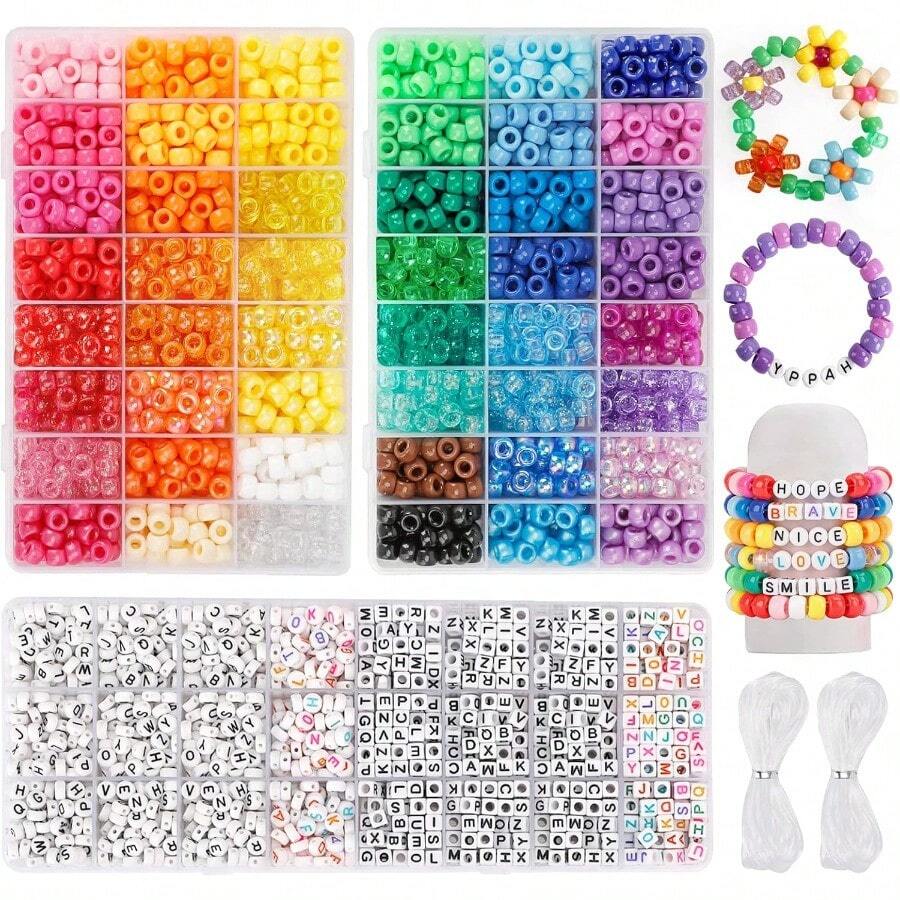 Quefe 3960pcs Pony Beads For Friendship Bracelet Making Kit 48 Colors Kandi Beads Set 2400pcs Plastic Rainbow Bulk And 1560pcs Letter Beads With 20 Meter Elastic Threads For Craft Jewelry Necklace