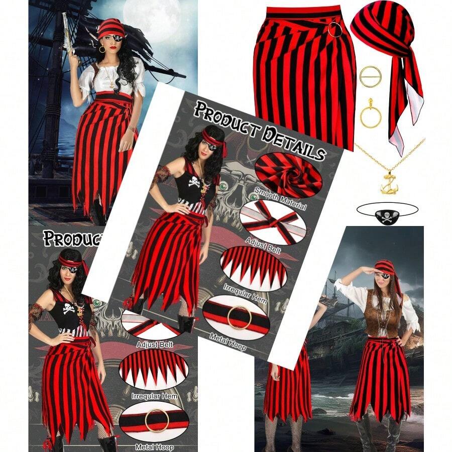 Womens Pirate Costume With Accessories Set Pirate Skirt Women Adults Head Scarf Eye Patch Skeleton Necklace - 史蒂莉亞 - 查看 1